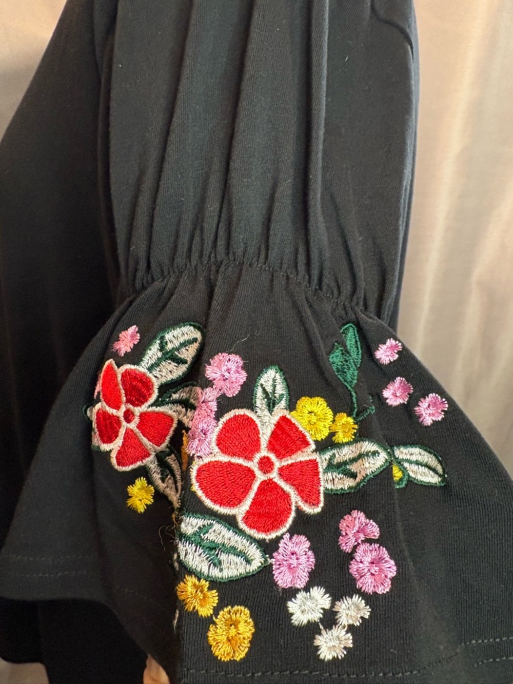 August Silk Cotton Top with Red Floral Embroidery